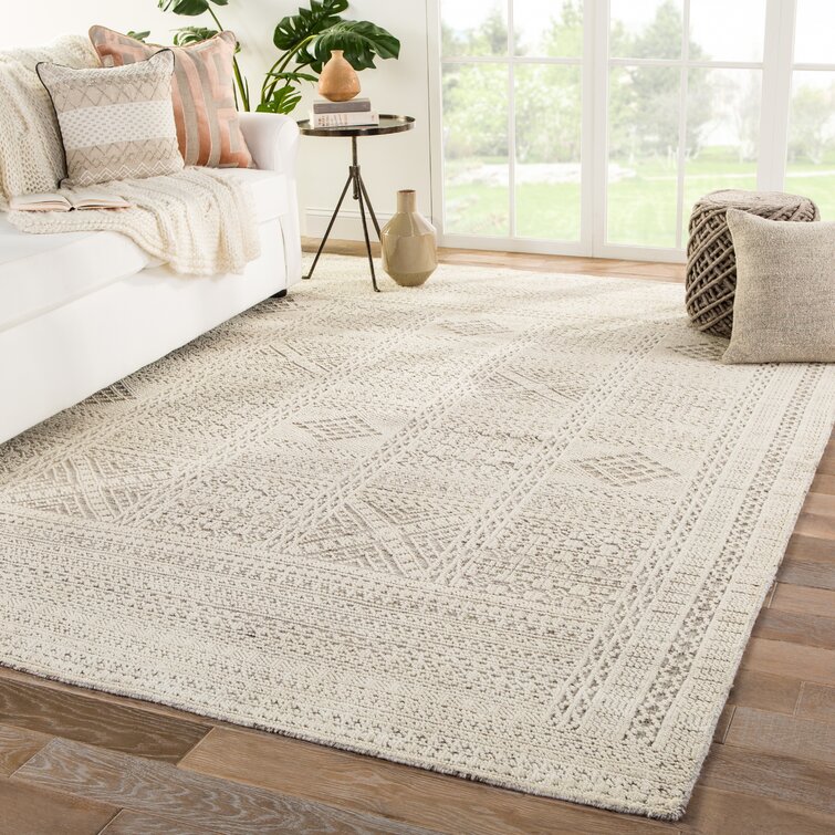 Joss Main Beal Geometric Hand Knotted Wool Ivory Light Grey Area Rug